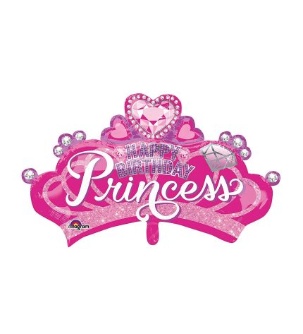 Princess Crown Happy Birthday Sparkles Hearts Jumbo Foil Balloon, 32 Inch